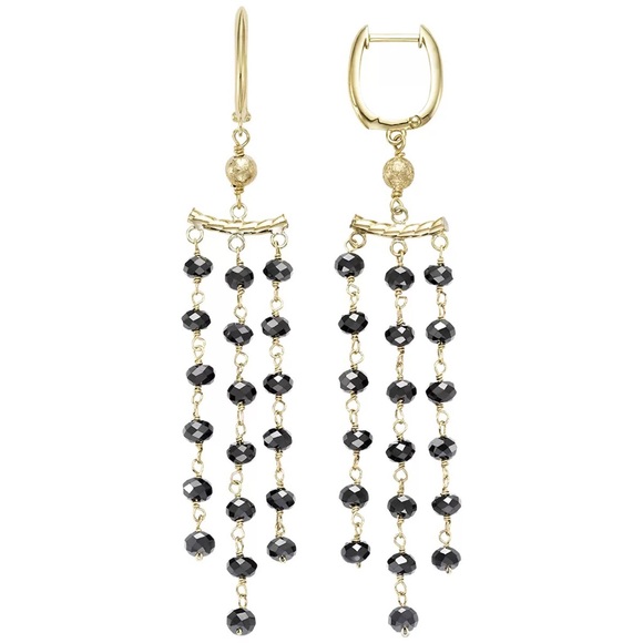 14KT Yellow Gold 3 Row Black Spinel Earrings - Picture 2 of 7